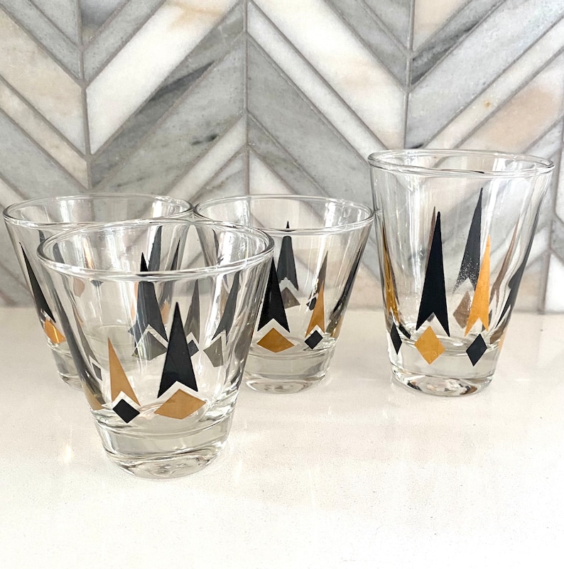 Anchor Hocking Golden Peaks MCM Shot Glasses, Short Set of 3, Gold Black Arrow, Diamond, Vintage Glassware, MCM Shot Glass, Barware image 1