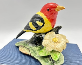 Vintage Stangl Pottery Western Tanager Bird Figure, Figurine, Statue, Orange, Red, Yellow, Black with Yellow/Cream Flower #3749