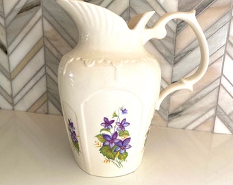 Vintage Prince Wensington Purple Violets Pitcher, Made in England, "PEK.", White Vase with Vibrant Purple Flowers, Floral Pattern