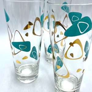 Federal Glass MCM Boomerang Capri Glasses, One 1 Water Tumbler, Turquoise Blue & Gold Drinkware, Barware Iced Tea Glasses are Sold: image 2