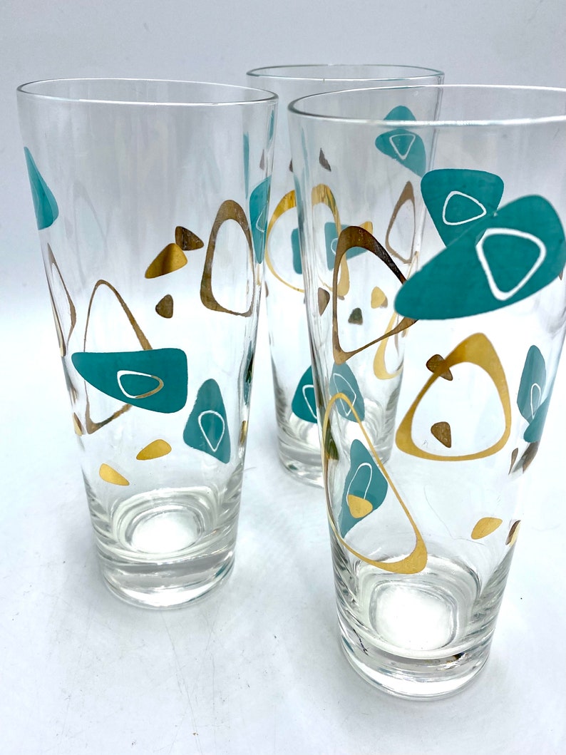 Federal Glass MCM Boomerang Capri Glasses, One 1 Water Tumbler, Turquoise Blue & Gold Drinkware, Barware Iced Tea Glasses are Sold: image 2