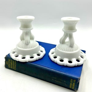 Vintage 50s Westmoreland Doric Milk Glass Open Lace Edge Candlesticks Candleholders, Set of 2, MCM  Home Decor, White Candlestick Holders