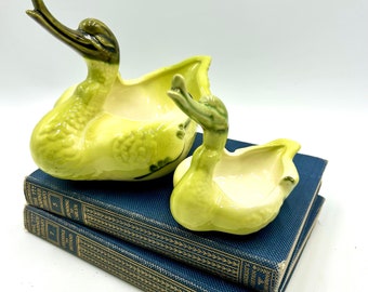 Vintage Hull Swan Planters, Set of 2, Yellow, Green, Avocado Chartreuse Ducks, Pottery, Trinket Dish, Succulents,Mid Century Home Decor