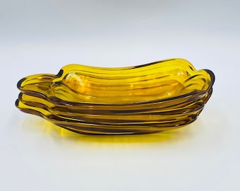 L E Smith Banana Split Sundae Amber Glass Dishes, Set of 3, Honey Gold Glassware, Oval Rectangular Handle Bowl, Vintage Glassware
