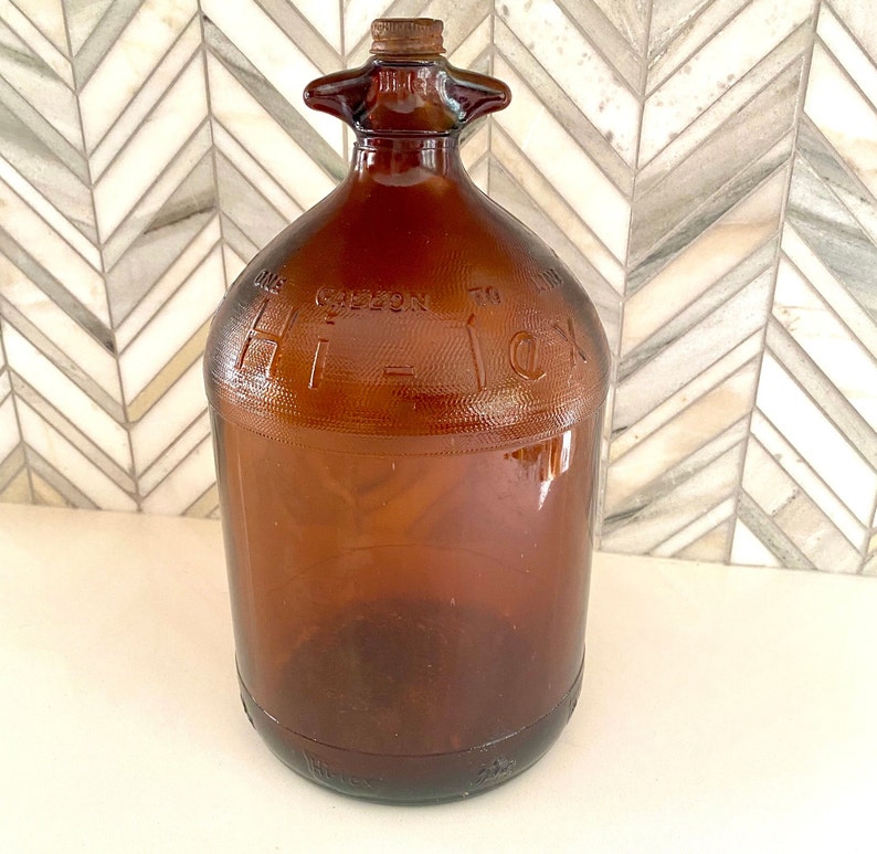 Vintage Hi-Lex Amber Gold Brown Glass Bottle with Cap, One Gallon, Industrial Retro, Rust, Orange, Collectible image 3