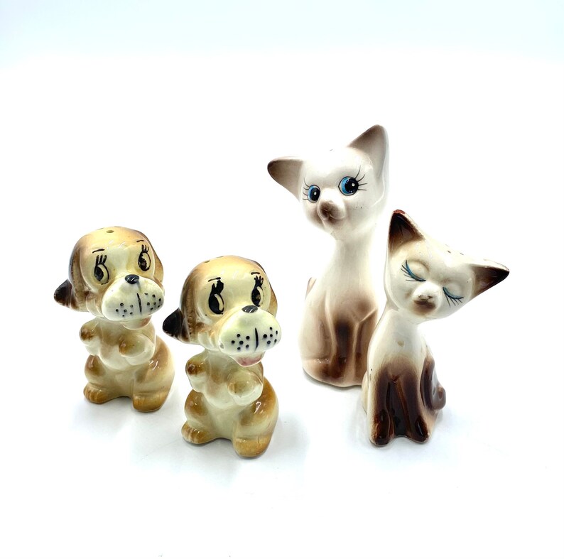 Siamese Kitten or Puppy Dog Salt Pepper Shakers, MCM White Brown Cats Kittens, Mid Century Modern Shaker, Vintage, Figure, Japan image 1