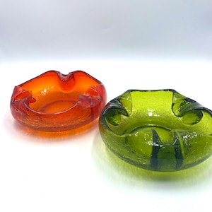 Viking Crackle Glass Retro Ashtray, Green Ashtray Left Orange has sold, Retro Vintage Glassware, Display Bowl, Bowls, Ashtrays image 1