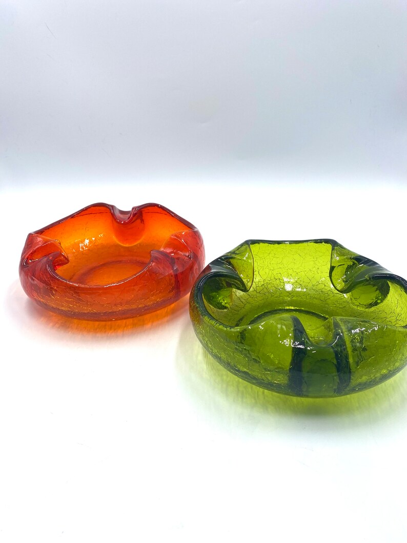 Viking Crackle Glass Retro Ashtray, Green Ashtray Left Orange has sold, Retro Vintage Glassware, Display Bowl, Bowls, Ashtrays image 1