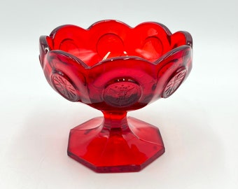 Vintage Fostoria Glass Ruby Red Coin Pedestal Bowl, Dots, Eagles, Coins, Scalloped Edge Footed Compote Dish, Vintage Glassware