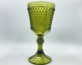 Indiana Glass Diamond Point Avocado Green Tall Compote, Pedestal Bowl, Vintage Olive Green Glassware