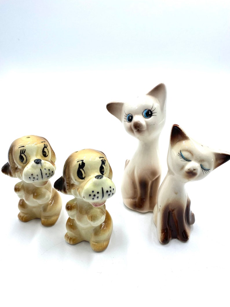 Siamese Kitten or Puppy Dog Salt Pepper Shakers, MCM White Brown Cats Kittens, Mid Century Modern Shaker, Vintage, Figure, Japan image 2