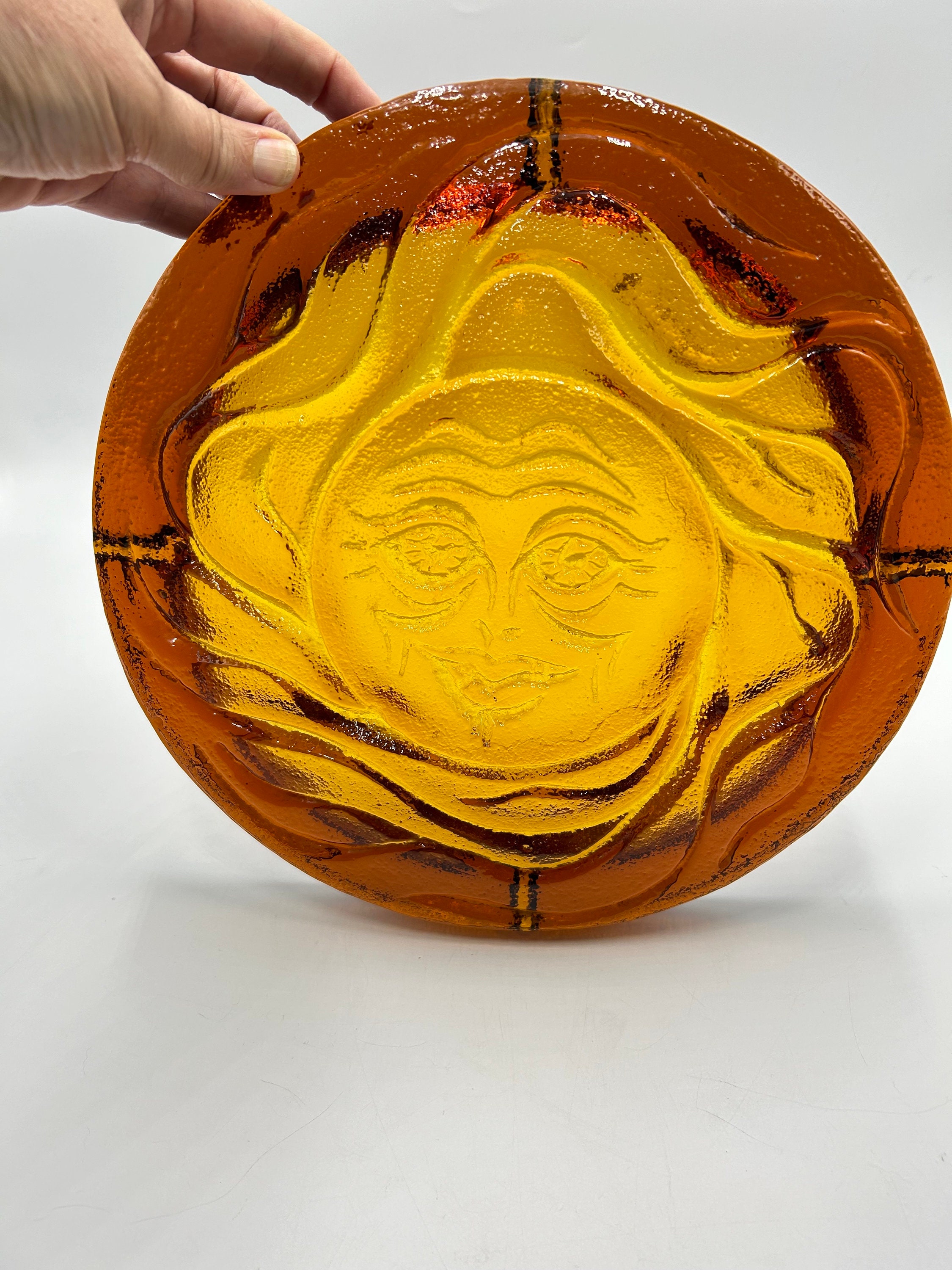 Vintage Blenko Glass Sun Face Amber Two-tone Large Ashtray, No