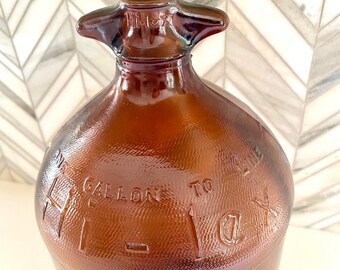 Vintage Hi-Lex Amber Gold Brown Glass Bottle with Cap, One Gallon, Industrial Retro, Rust, Orange, Collectible