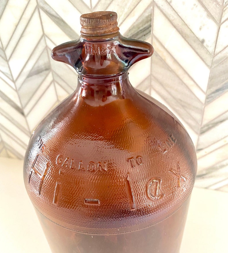 Vintage Hi-Lex Amber Gold Brown Glass Bottle with Cap, One Gallon, Industrial Retro, Rust, Orange, Collectible image 1