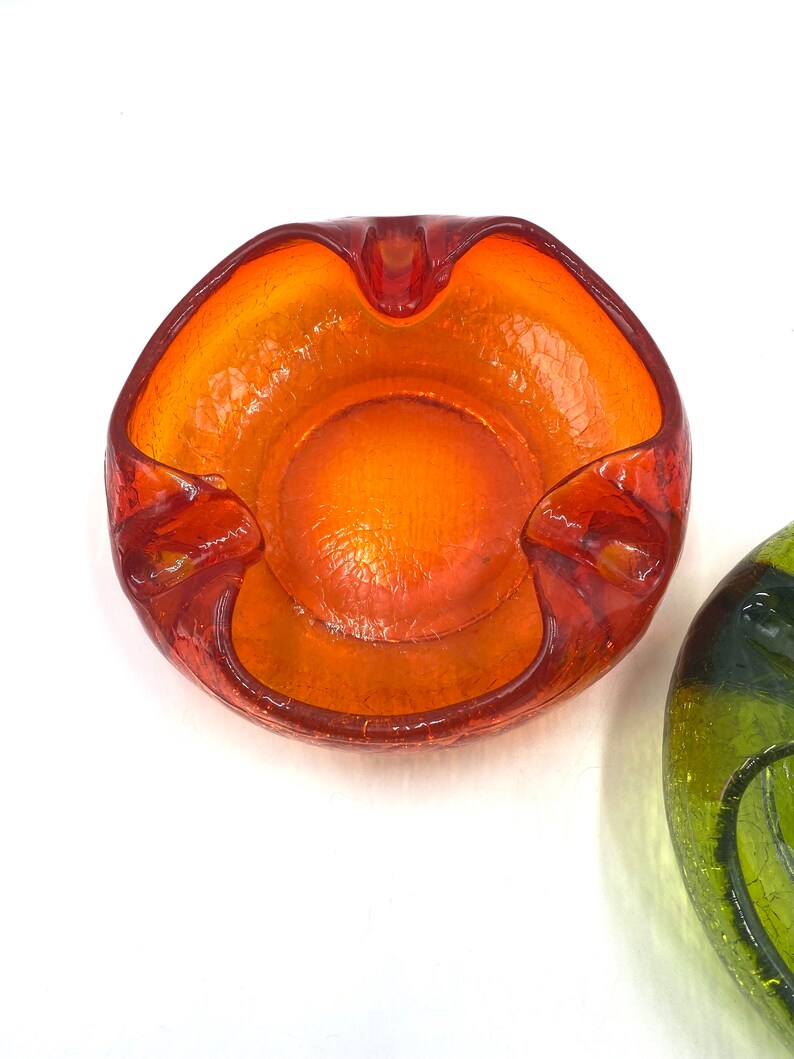 Viking Crackle Glass Retro Ashtray, Green Ashtray Left Orange has sold, Retro Vintage Glassware, Display Bowl, Bowls, Ashtrays image 2