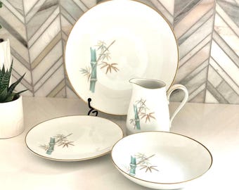 NORITAKE Oriental Pattern, Fruit Dessert Bowls, Set of 2, No. 6341, Green and Gold Bamboo Stalk, Gold Trim, Mid Century, Vintage Dinnerware