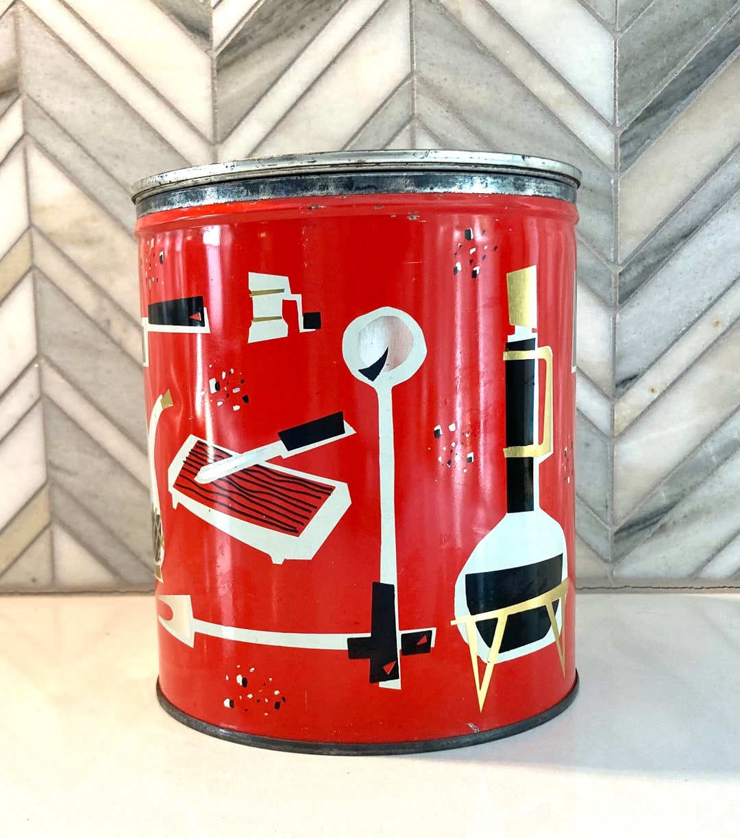 Mid Century Coffee Can Tin, Decorative,red, Gold, Black Can Featuring