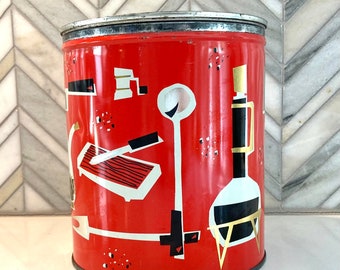 Mid Century Coffee Can Tin, Decorative,Red, Gold, Black Can featuring Knives, Carafe, Cassoerole Design, Vintage, MCM Kitchen Canister