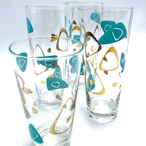 Federal Glass MCM Boomerang Capri Glasses, One 1 Water Tumbler, Turquoise Blue & Gold Drinkware, Barware Iced Tea Glasses are Sold: image 1