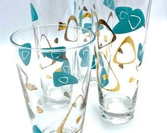 Federal Glass MCM Boomerang Capri Glasses, One (1) Water Tumbler, Turquoise Blue & Gold Drinkware, Barware **Iced Tea Glasses are Sold:**