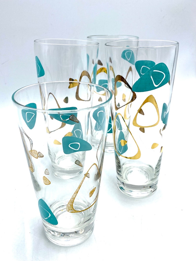 Federal Glass MCM Boomerang Capri Glasses, One 1 Water Tumbler, Turquoise Blue & Gold Drinkware, Barware Iced Tea Glasses are Sold: image 1