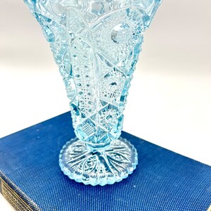 Vintage Imperial Glass Ice Blue Vase, Hobstar with Sawtooth Rim, Cut Glass Footed Vase, MCM 50s Glassware image 2