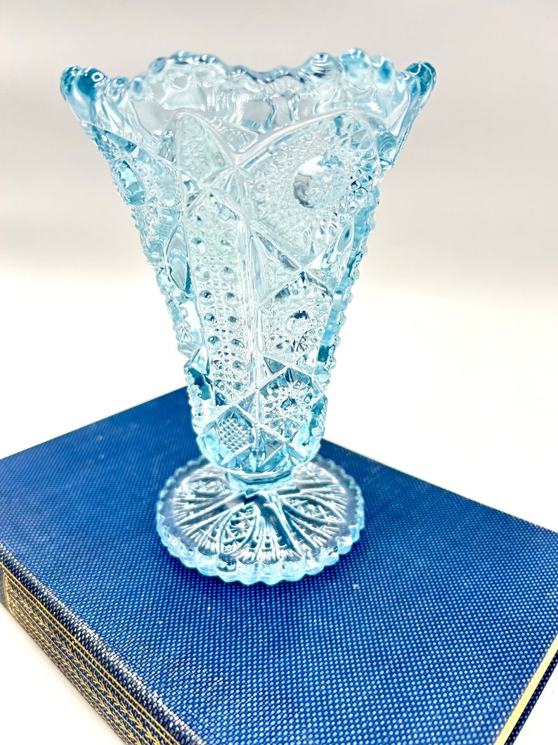 Vintage Imperial Glass Ice Blue Vase, Hobstar with Sawtooth Rim, Cut Glass Footed Vase, MCM 50s Glassware image 2