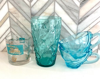 Vintage Blue Glasses: Decatur Glass Blue Crinkle Water Tumbler, Gold Turquoise Steamboat Lowball Glass, Hazel Atlas Capri Seashell Tea Cups