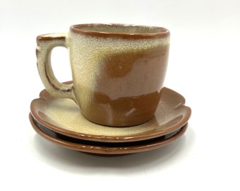 Frankoma Plainsman Desert Gold Cup and Saucers, Nos. 5C, 5E, Vintage Cup, Mug, Mugs, Saucer, Pottery, Dinnerware