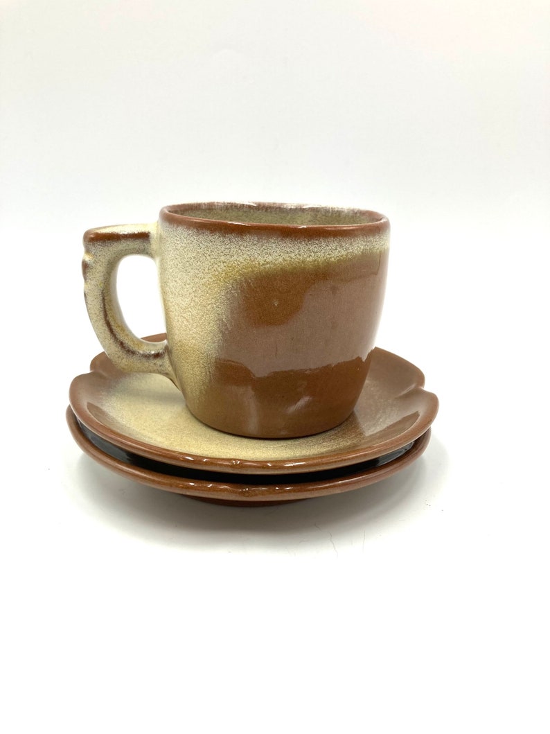 Frankoma Plainsman Desert Gold Cup and Saucers, Nos. 5C, 5E, Vintage Cup, Mug, Mugs, Saucer, Pottery, Dinnerware image 1