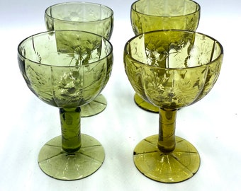 Vintage Avocado Green Wine, Sherry, Cordial Glasses Glassware Stemmed, Needle Etched, Floral, Flower, Glass, Glassware, Set of 4 glasses