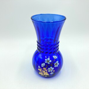 Vintage Hand Painted Blue Glass Vase, White and Gold Flowers and Leaves, Royal Cobalt Blue, Vintage Glassware image 4