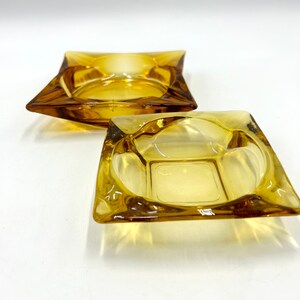 Vintage 80s Anchor Hocking Ashtrays, Amber Gold Glass, Set of 2, Thick Square Glass Ashtrays, Retro Glassware Ashtray image 2