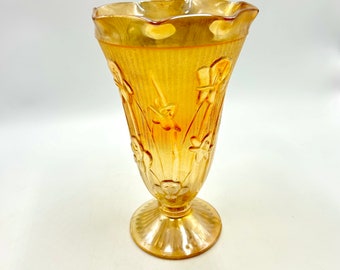 Jeanette Glass Iris and Herringbone vase, Vintage Marigold Carnival Glass, Opalescent, Floral, Orange, Gold Glassware