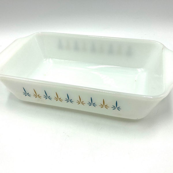 Anchor Hocking Fire King Bread Pan, Baking Dish, Gold Bue, Milk Glass, Atomic Star, Starburst, Candle Glow, 1 Quart Milk Glass Bakeware