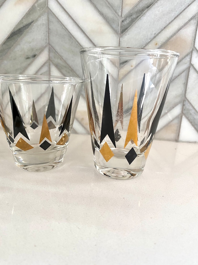 Anchor Hocking Golden Peaks MCM Shot Glasses, Short Set of 3, Gold Black Arrow, Diamond, Vintage Glassware, MCM Shot Glass, Barware image 3