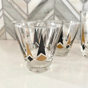 Anchor Hocking Golden Peaks MCM Shot Glasses, Short Set of 3, Gold Black Arrow, Diamond, Vintage Glassware, MCM Shot Glass, Barware image 2