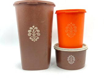 Tupperware Servalier Canisters, Brown, Orange with Lids, Nos. 1222, 1298, 811, Vintage Kitchen Containers, Retro 70s 80s Tupperware