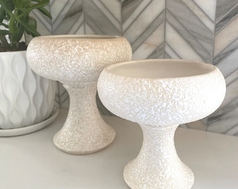 California Original Pottery Mid Century Modern Footed Planter Vase, Speckle Spatter Stucco White Cream Finish, Vintage Compote, Centerpiece