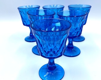 Noritake Blue "Perspective" Pattern Wine or Water Glasses, SET OF 5, Goblets, Pressed Glass, Thumbprints, Panels, Vintage Retro Glassware
