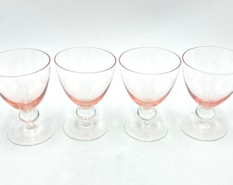 Vintage Pink Cordial Glasses with Clear Stems, Set of 4 Bubble Stemmed Sherry Glass, Mid Century Barware