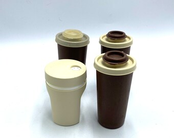 Tupperware Brown and Cream Shakers, Salt, Pepper, Spice Shaker, Nos. No. 1329 and 1471, Vintage Retro Plastic Kitchenware