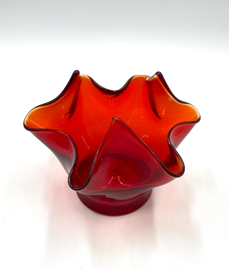 Vintage Red Amberina Art Glass Handkerchief Vase, Ombre Orange Red, Retro Glassware