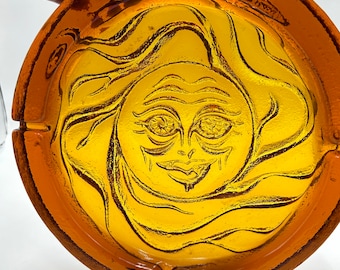 Vintage Blenko Glass Sun Face Amber Two-tone Large Ashtray, No