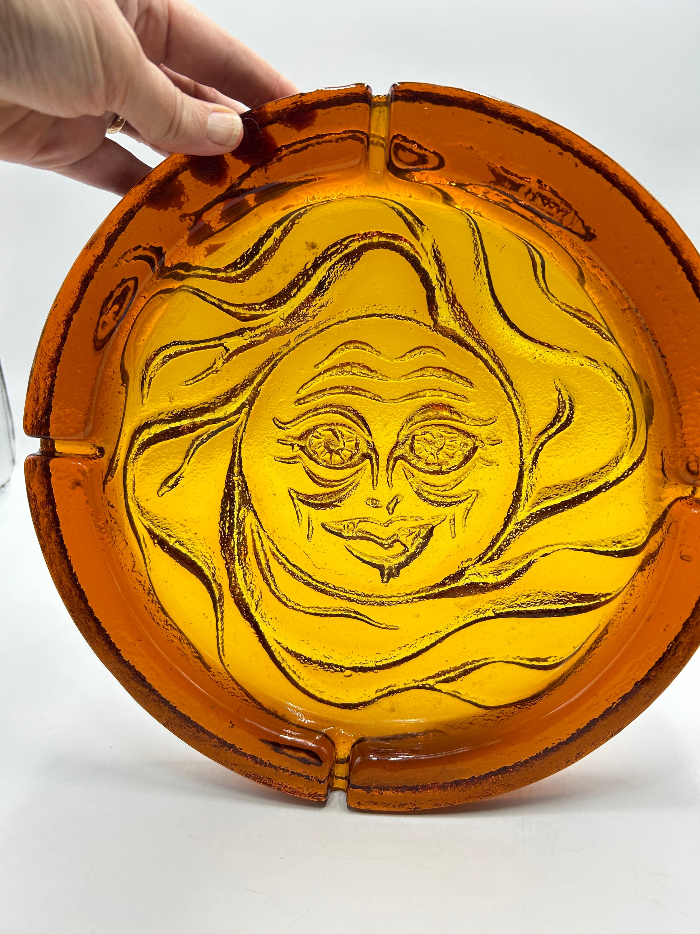 Vintage Blenko Glass Sun Face Amber Two-tone Large Ashtray, No