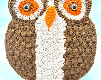 Vintage Crochet Owl Wall Hanging, Orange, White, Brown, Knit, Crocheted, Vintage Retro 70s Home Decor