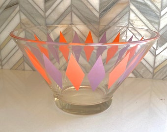 Anchor Hocking Harlequin Chip Bowl, Glass Orange Purple Serving Bowl, Diamond, Diamonds, Kitsch Retro Salad Bowl, 60s Bar Barware