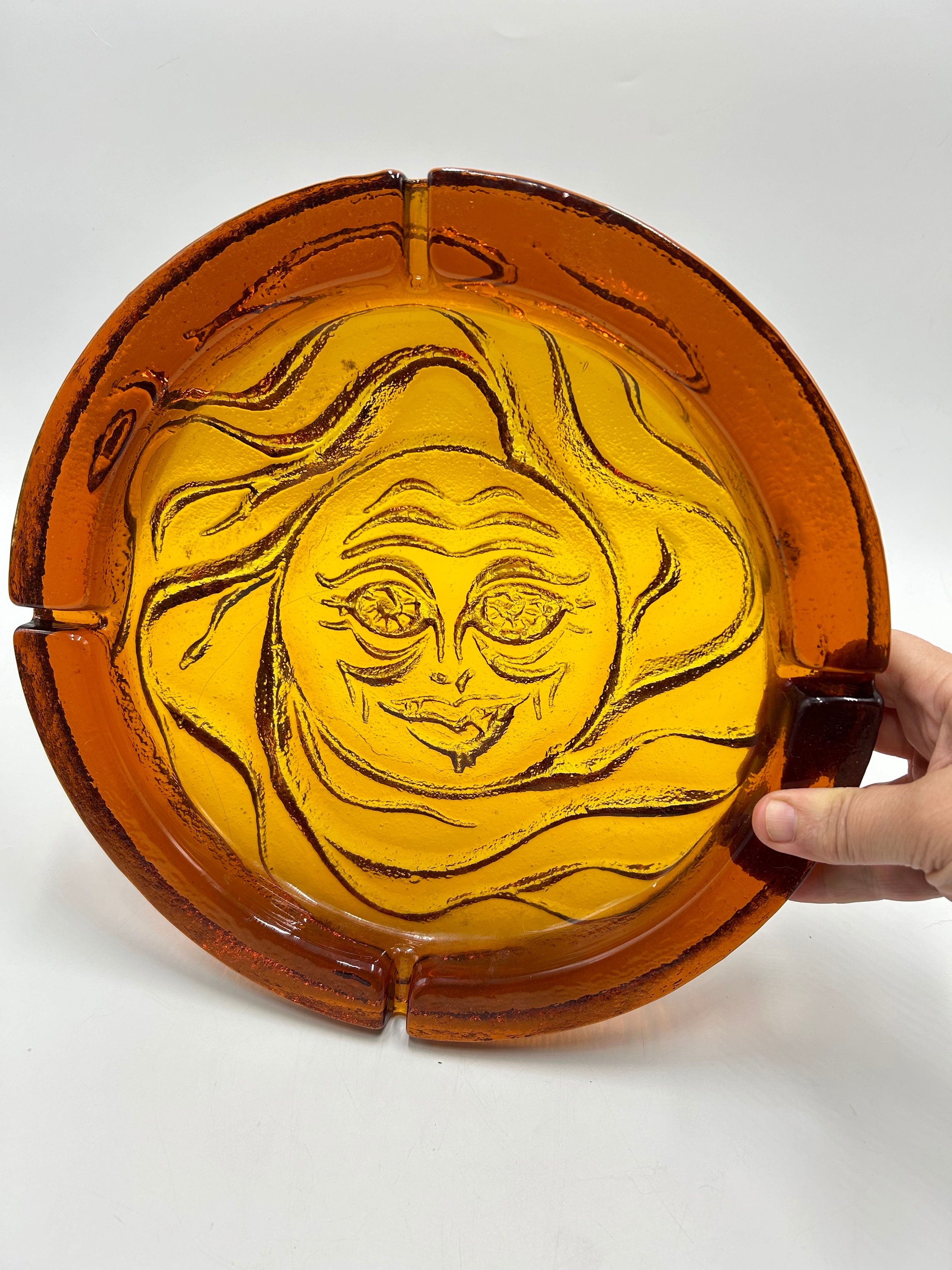 【希少】Vintage Blenko Art Glass アメリカビンテージ Vintage Blenko Glass Sun Face Amber Two-tone Large Ashtray, No