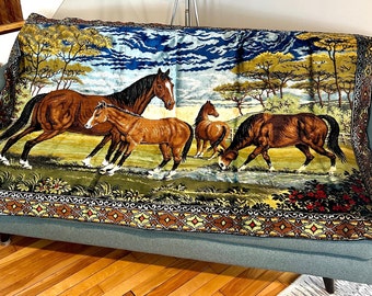 Vintage Italian Velvet Wall Tapestry, Horses, Pony, Ponies, Field, Made in Italy, XL, Extra Large, Wall Hanging