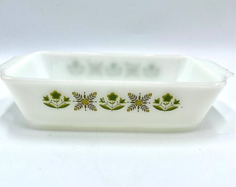 Anchor Hocking Fire King Meadow Green 1 Qt. Bread Pan, Milk Glass, Bakeware, Green Flower Flowers, Yellow, Gold, Floral Baking Dish